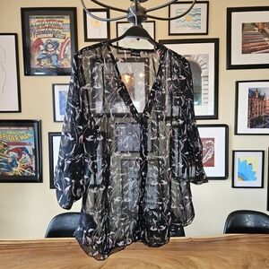Eclipse Sheer Black and Floral Womens Blouse Adjustable Sleeves Womens L A00148